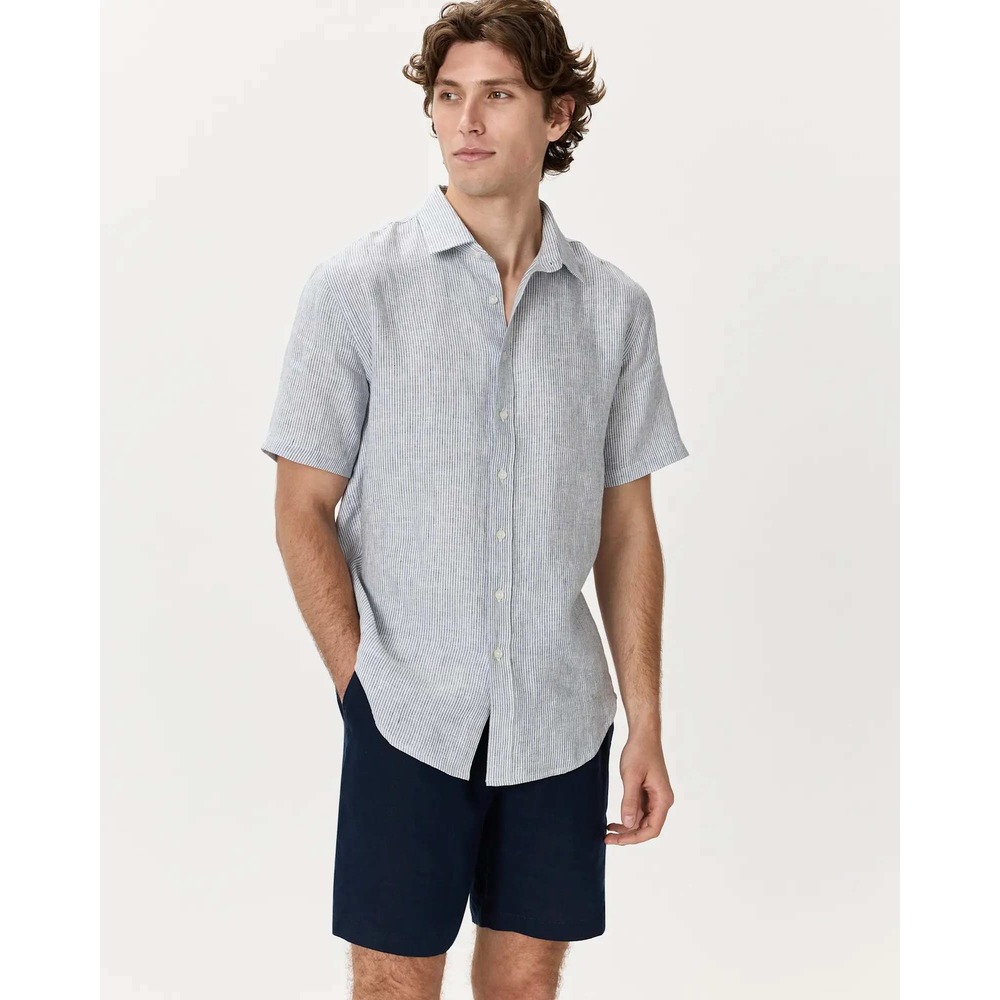 Quince Mens European Linen Short Sleeve Shirt Blue Pin Stripe Large NWT